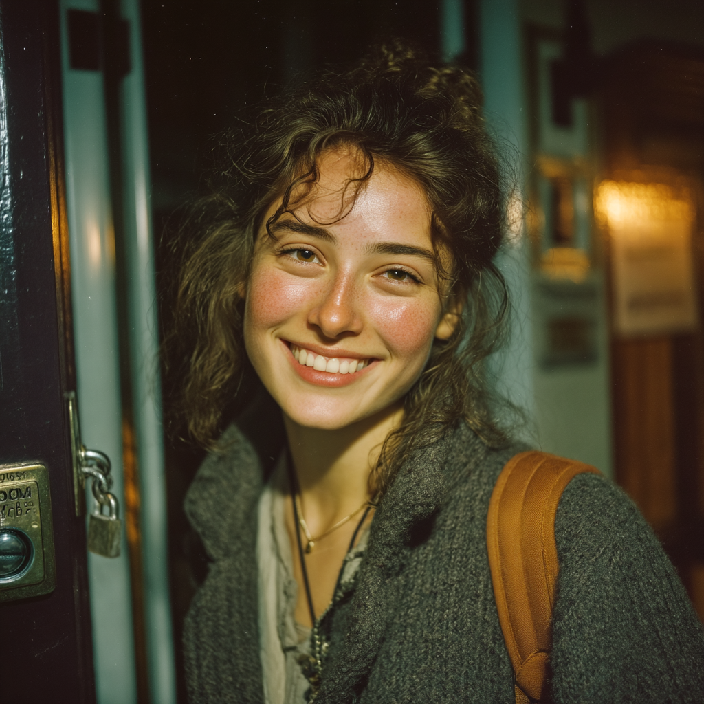 Una mujer feliz delante de un edificio cerrado | Fuente: Midjourney