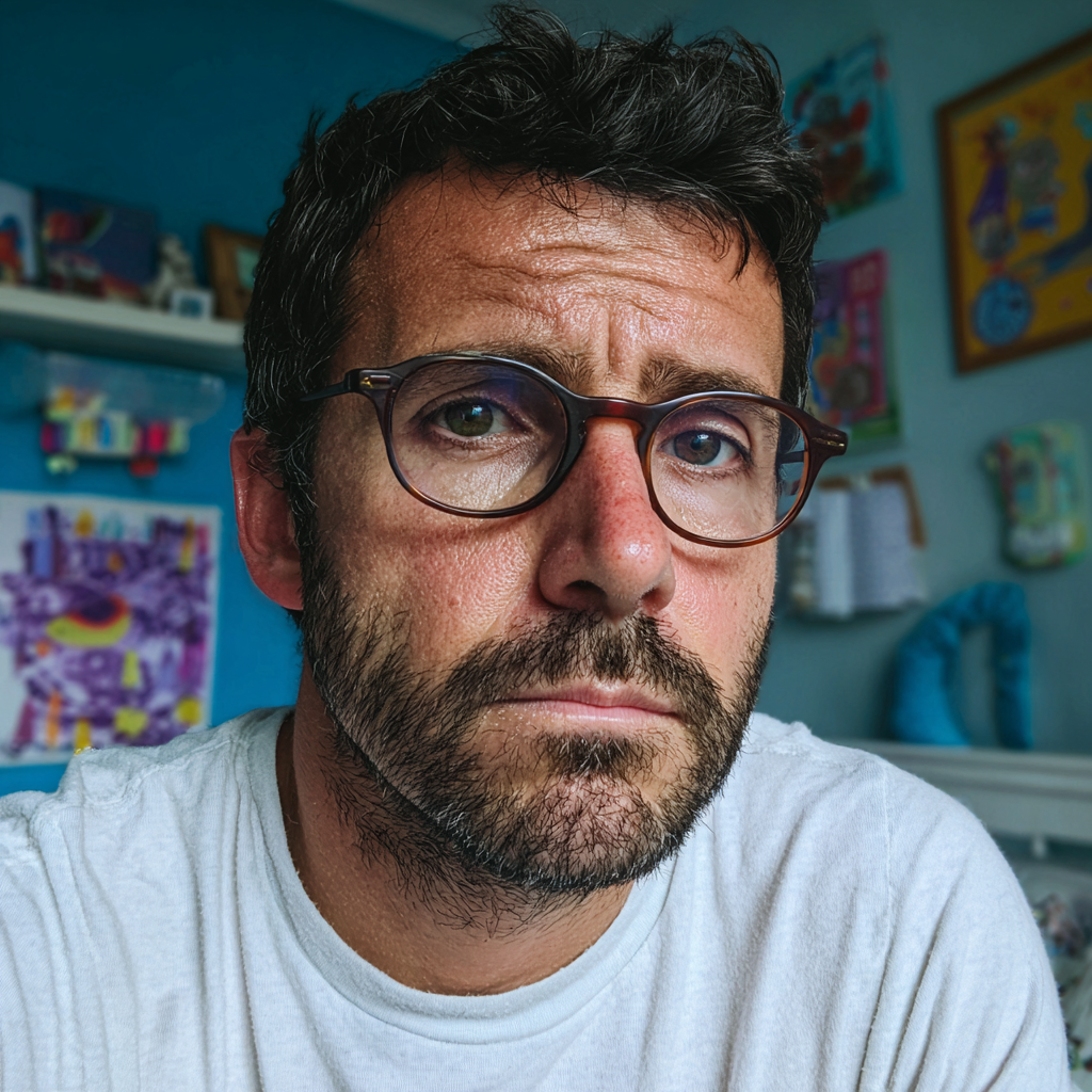 Un hombre alterado sentado en la habitación de un adolescente | Fuente: Midjourney