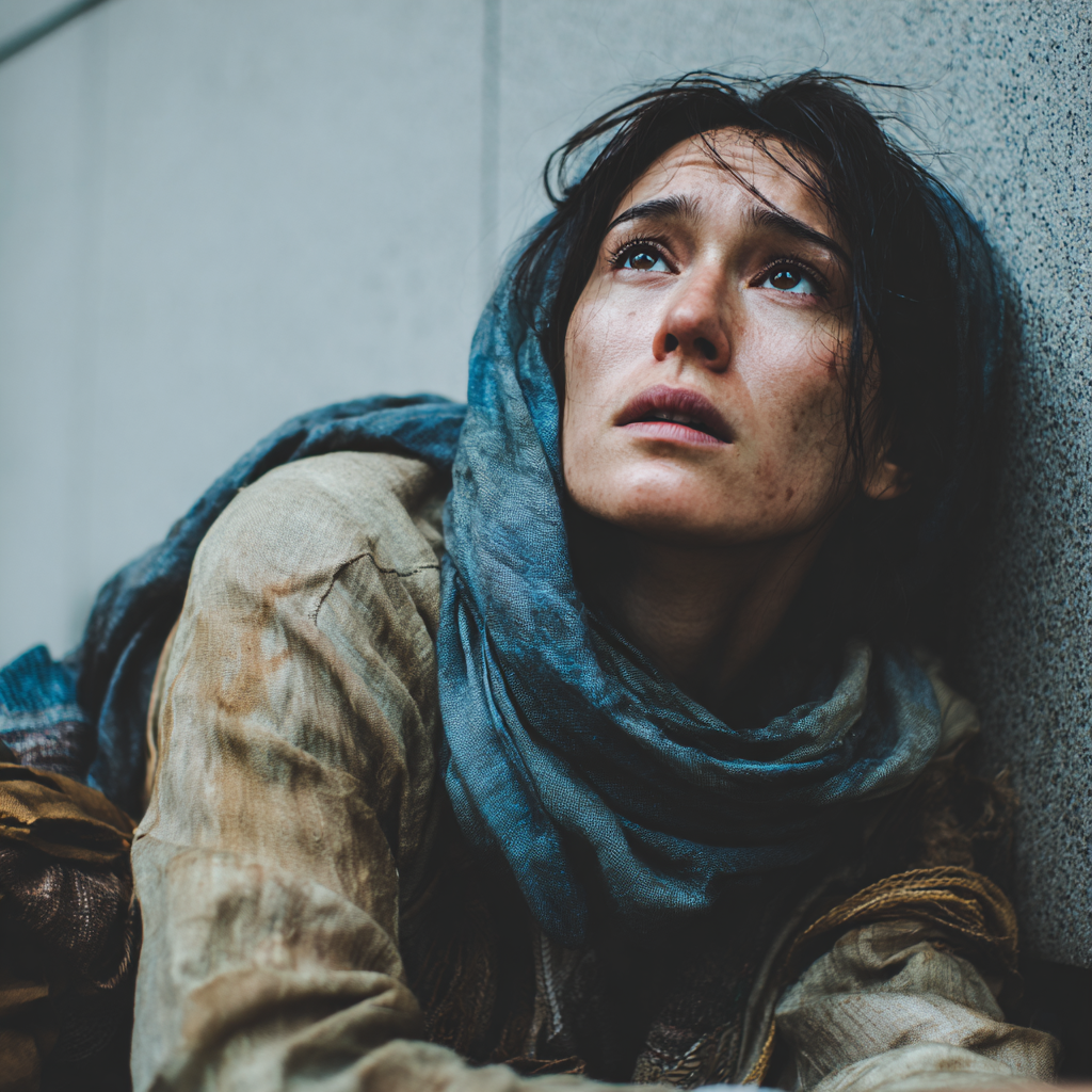 Una mujer asustada en una acera | Fuente: Midjourney