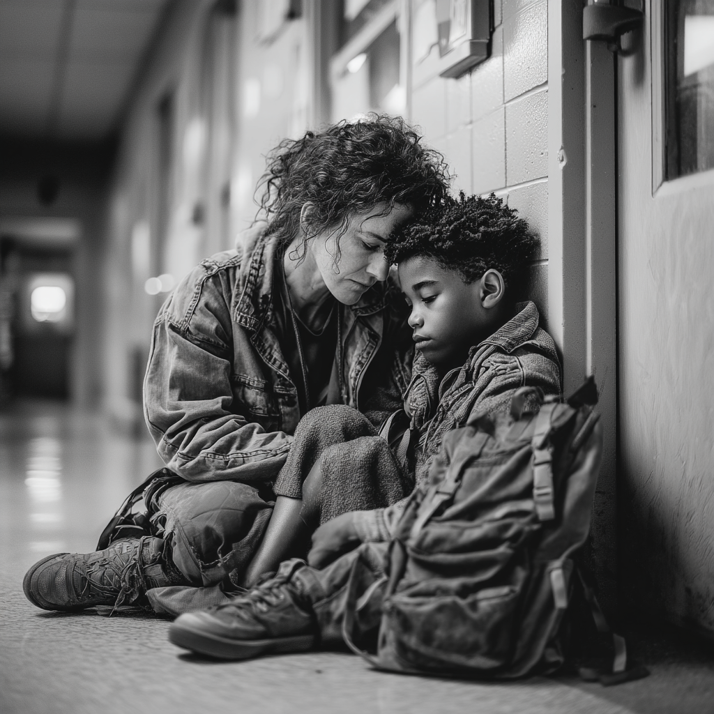 Un niño triste sentado con una mujer | Fuente: Midjourney