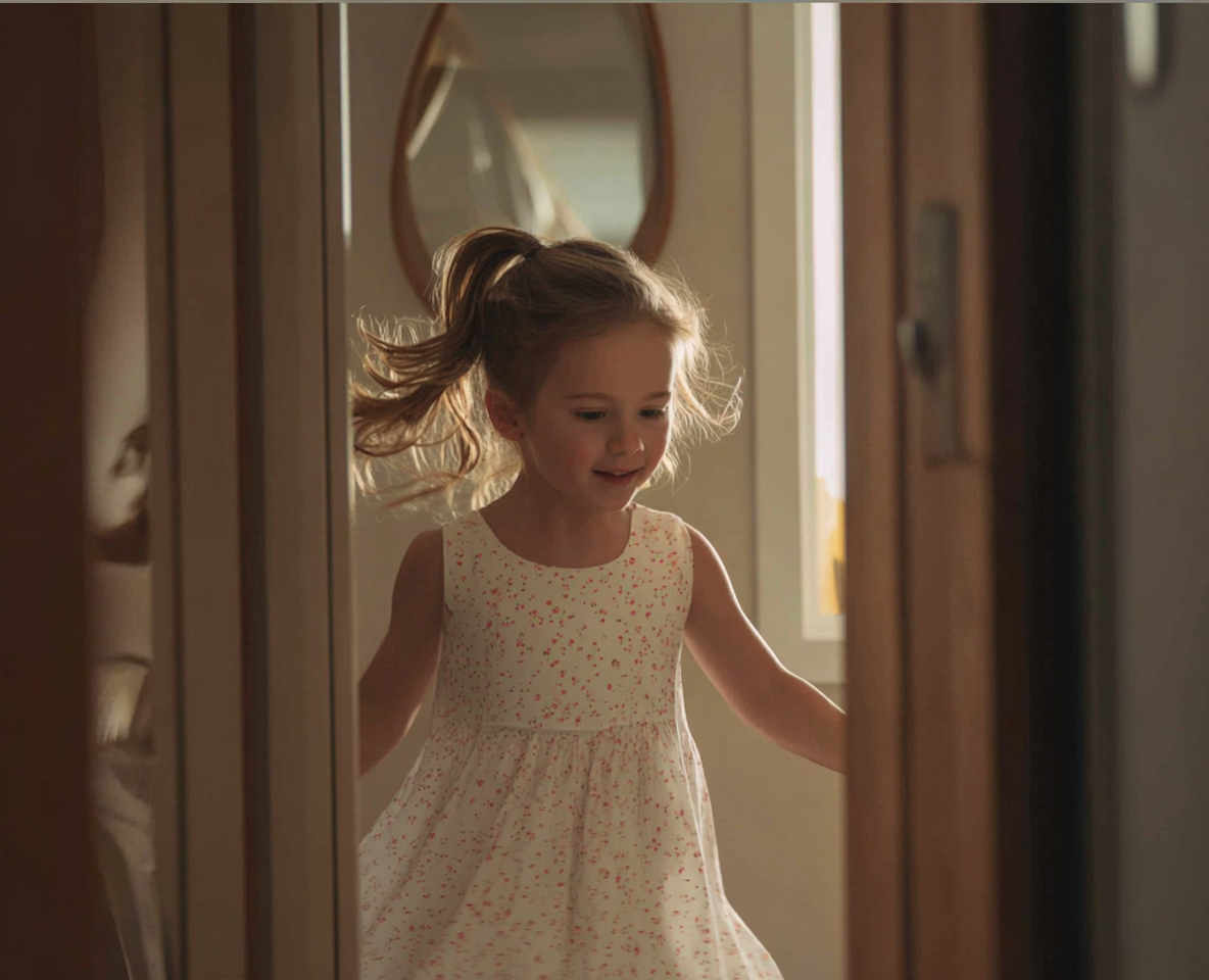 Una niña sonriente con un vestido blanco | Fuente: Midjourney