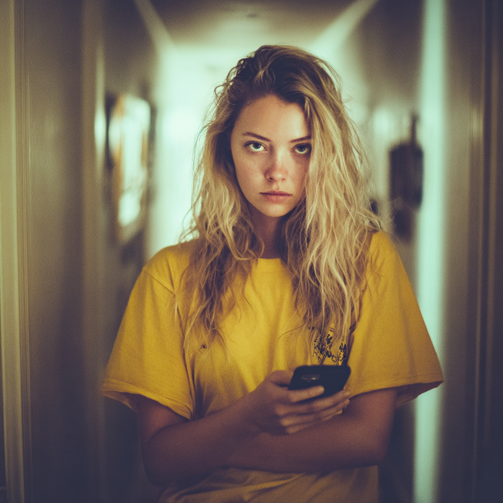 Una mujer sujetando su teléfono móvil | Fuente: Midjourney