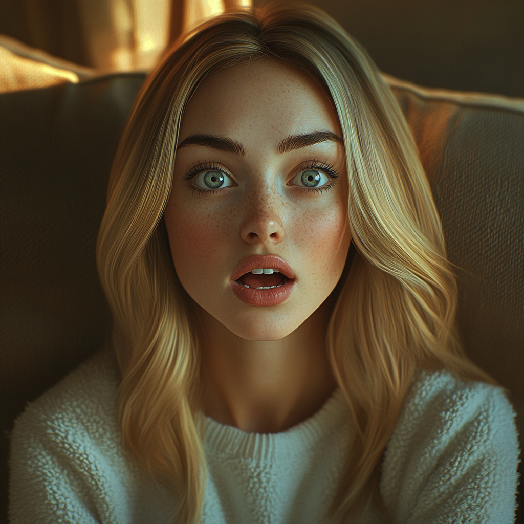 Una mujer angustiada sentada en el sofá | Fuente: Midjourney