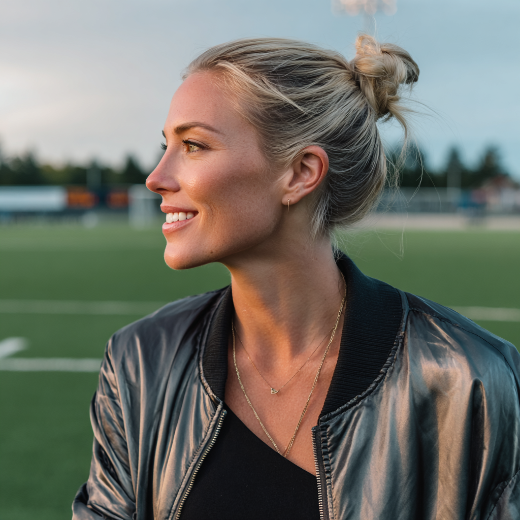 Una mujer sonriente en un campo de fútbol | Fuente: Midjourney