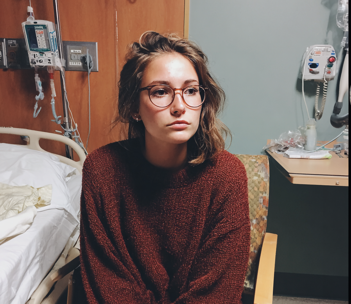Una mujer sentada junto a una cama de hospital | Fuente: Midjourney