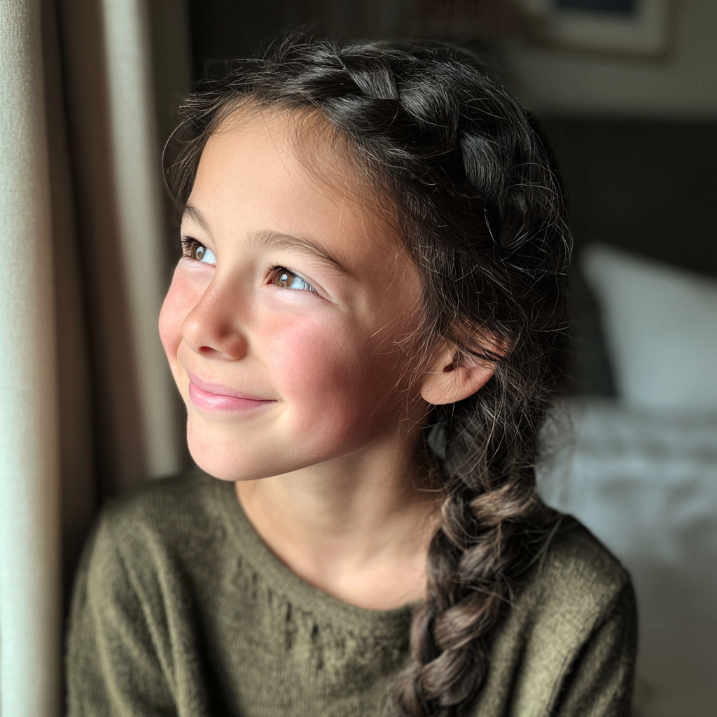Una niña sonriente con el pelo trenzado | Fuente: Midjourney