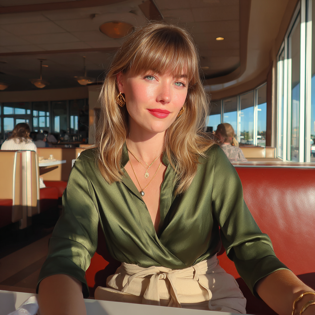 Una mujer sonriente sentada en una cafetería | Fuente: Midjourney