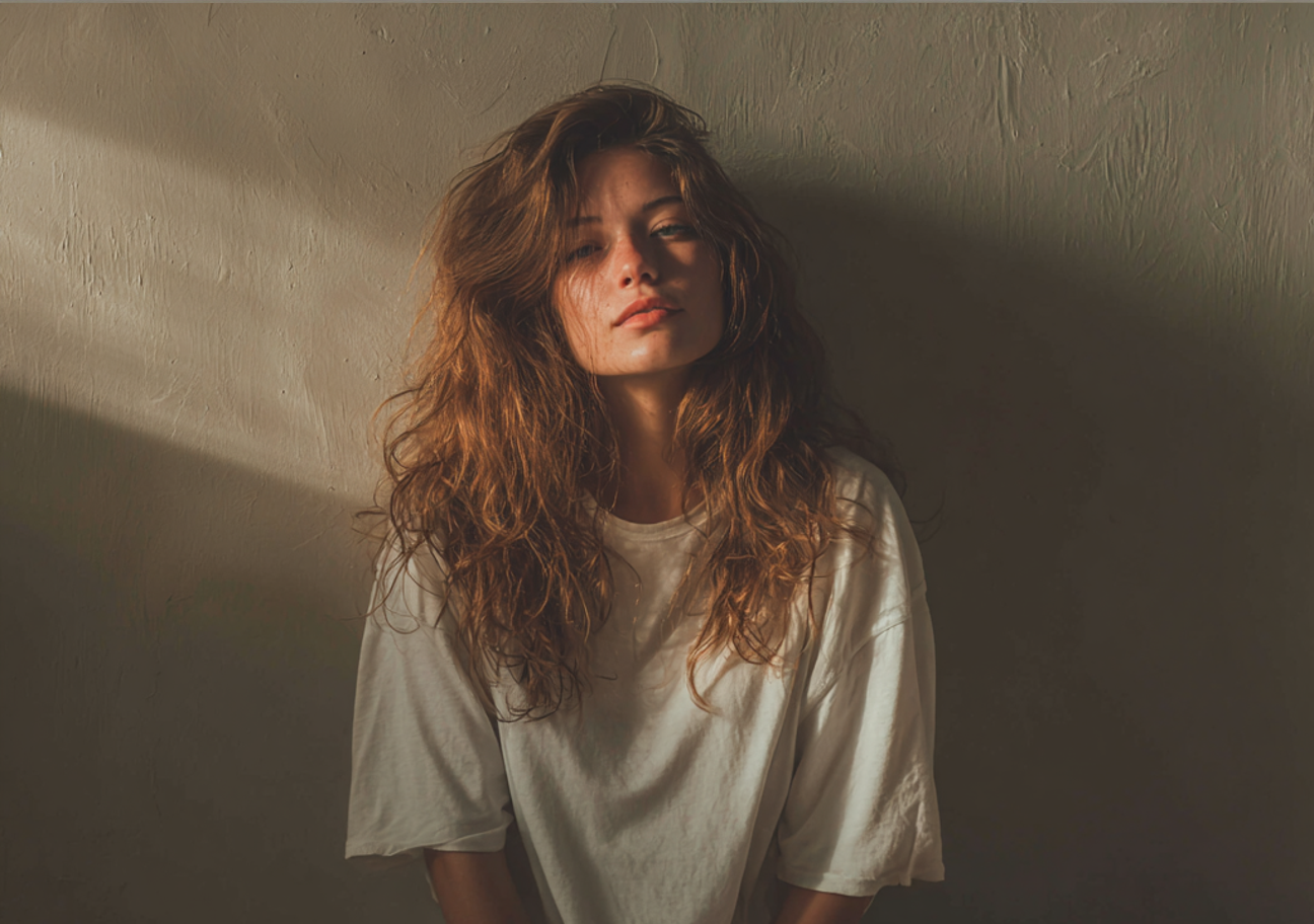 Una mujer apoyada en una pared | Fuente: Midjourney