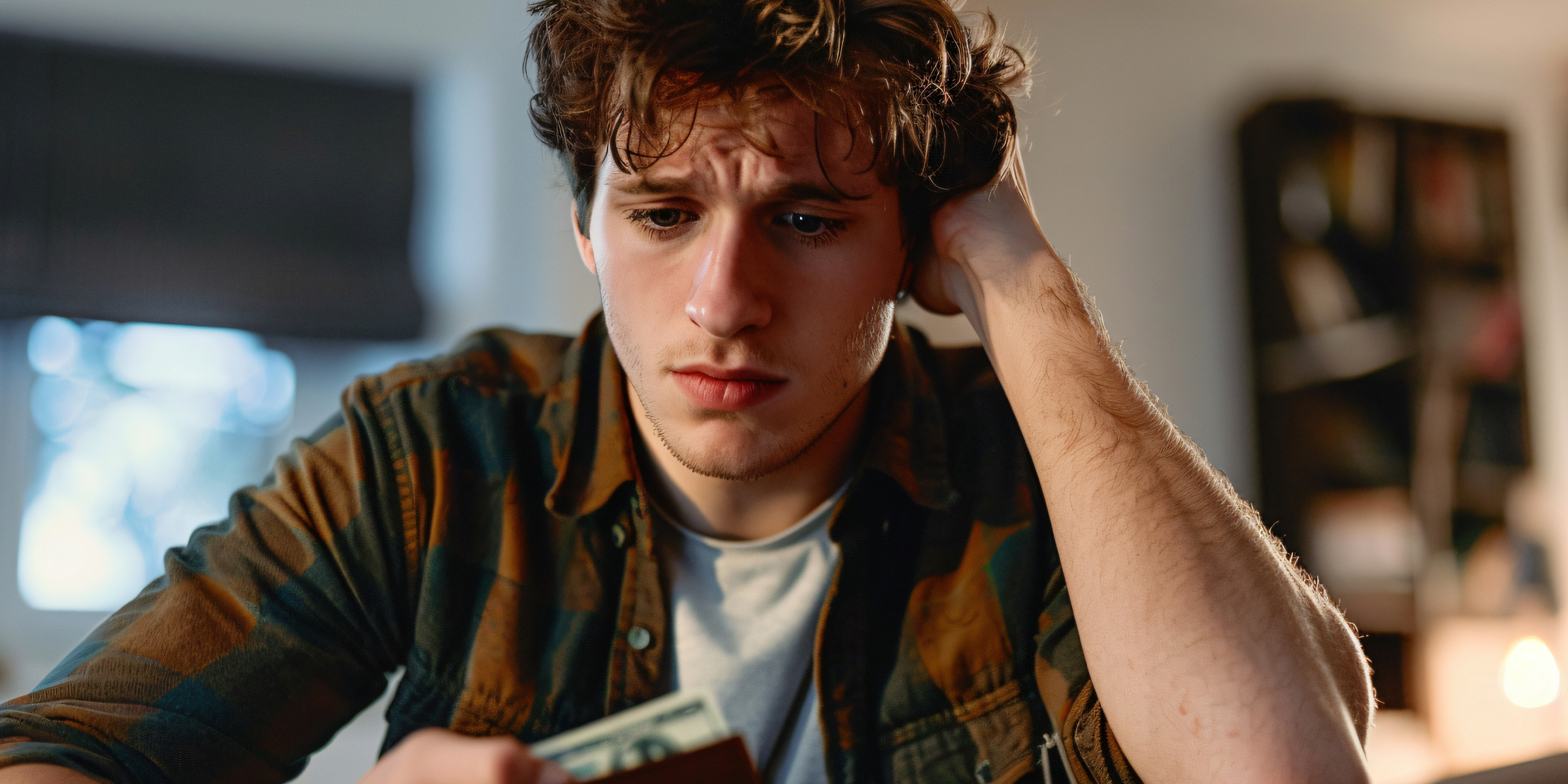 Un hombre angustiado sujetando su cartera | Fuente: Freepik