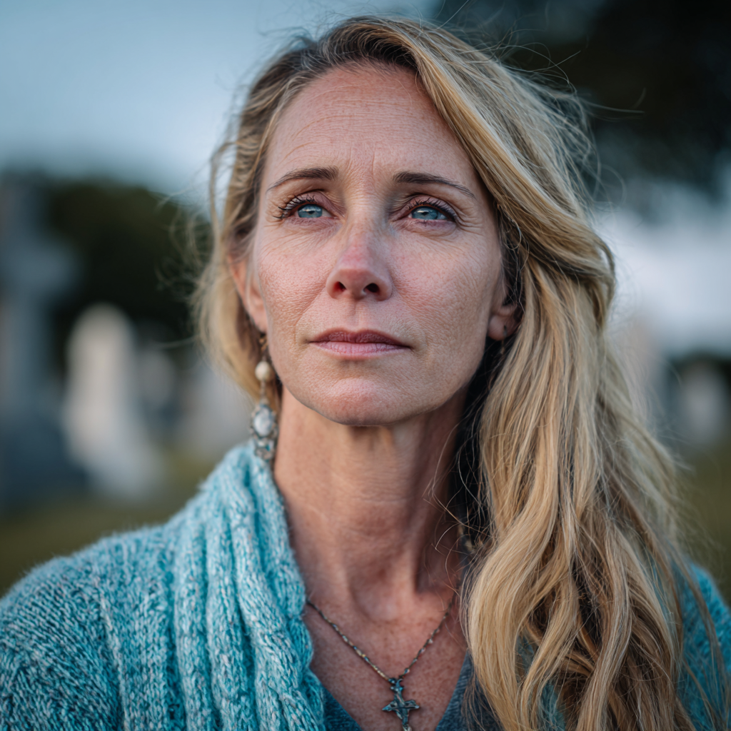 Una mujer emocionada en un cementerio | Fuente: Midjourney