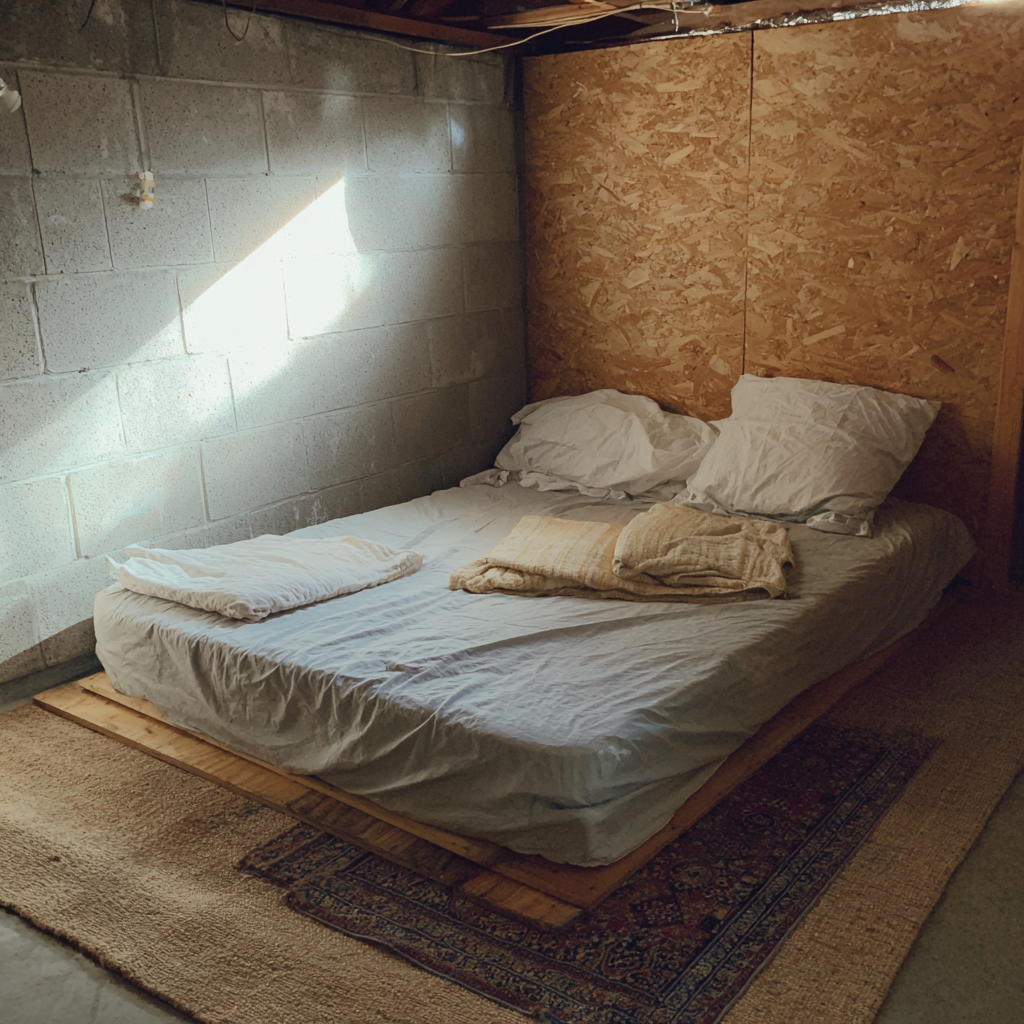 Una cama incómoda en un sótano | Fuente: Midjourney
