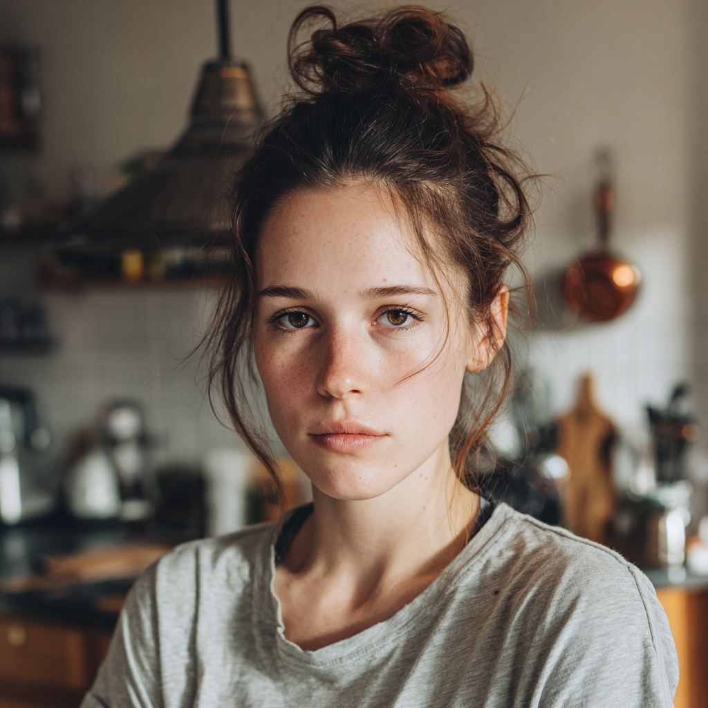 Una mujer emocional de pie en una cocina | Fuente: Midjourney