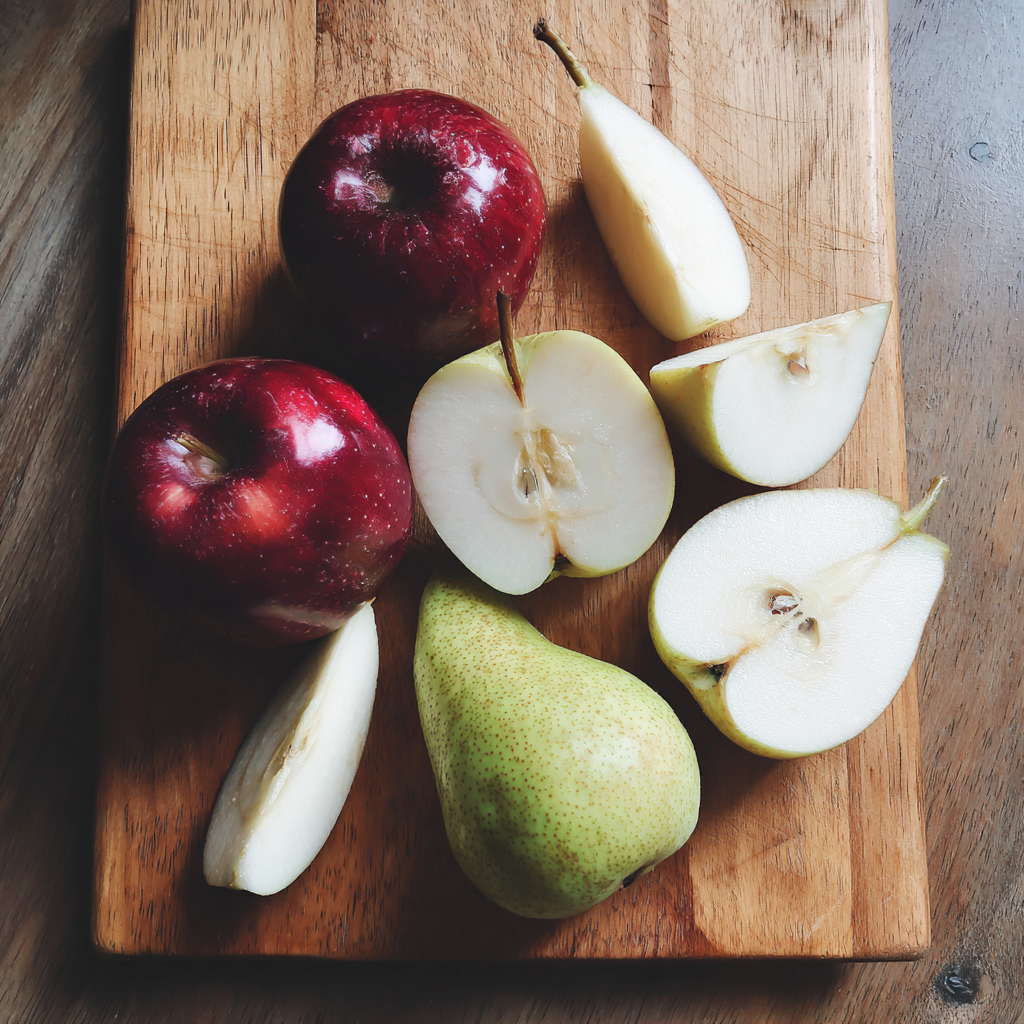 Manzanas y peras sobre una tabla de madera | Fuente: Midjourney
