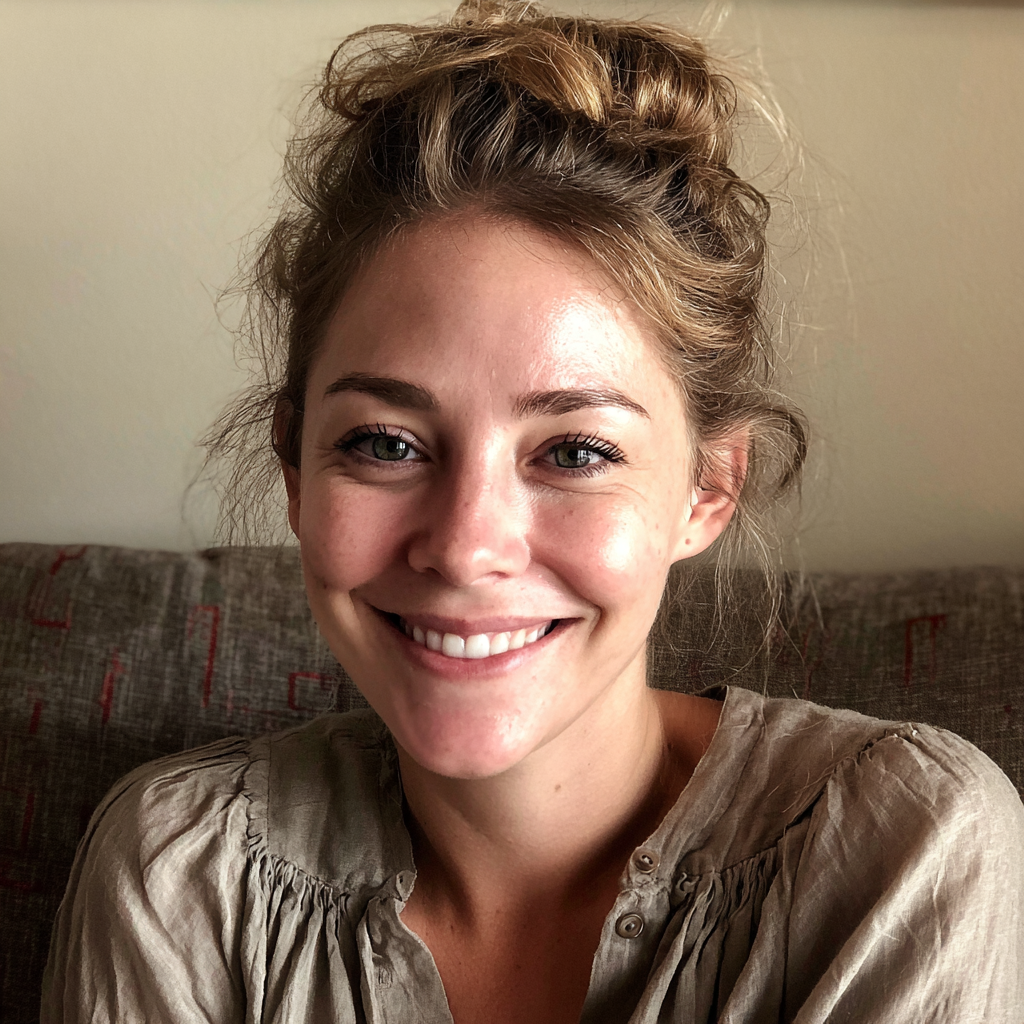 Una mujer sonriente sentada en un sofá | Fuente: Midjourney