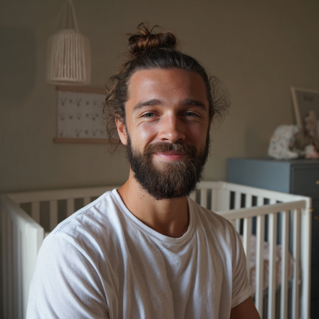 Un hombre sonriente delante de una cuna | Fuente: Midjourney