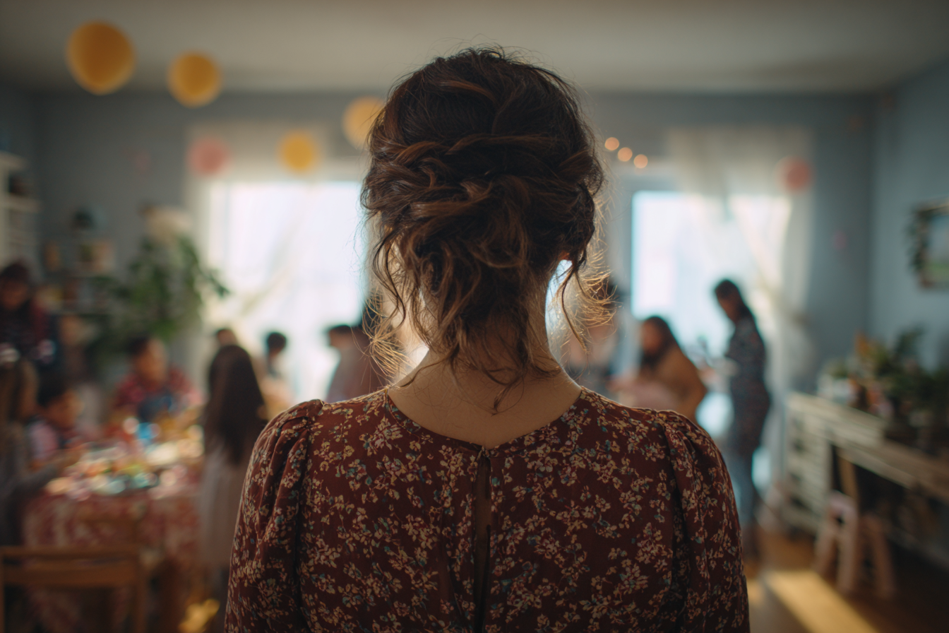La espalda de una mujer de pie en una fiesta de cumpleaños | Fuente: Midjourney