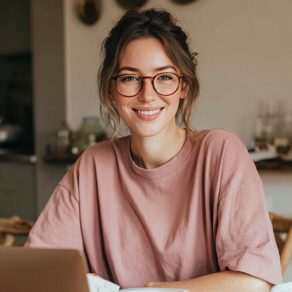 Una mujer sonriente utilizando su ordenador portátil | Fuente: Midjourney