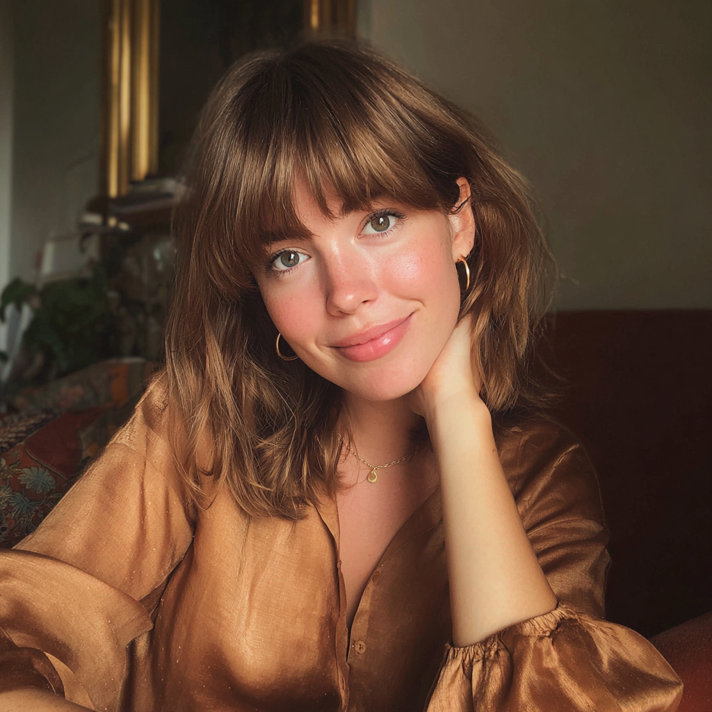 Una mujer sonriente con una blusa de seda | Fuente: Midjourney