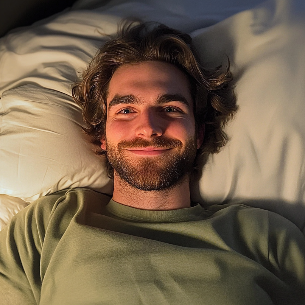 Un hombre sonriente acostado en la cama | Fuente: Midjourney
