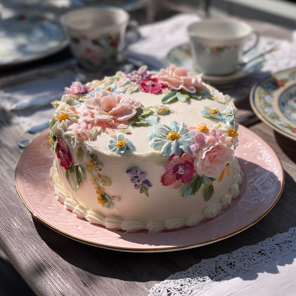 Un pastel de cumpleaños floral | Fuente: Midjourney
