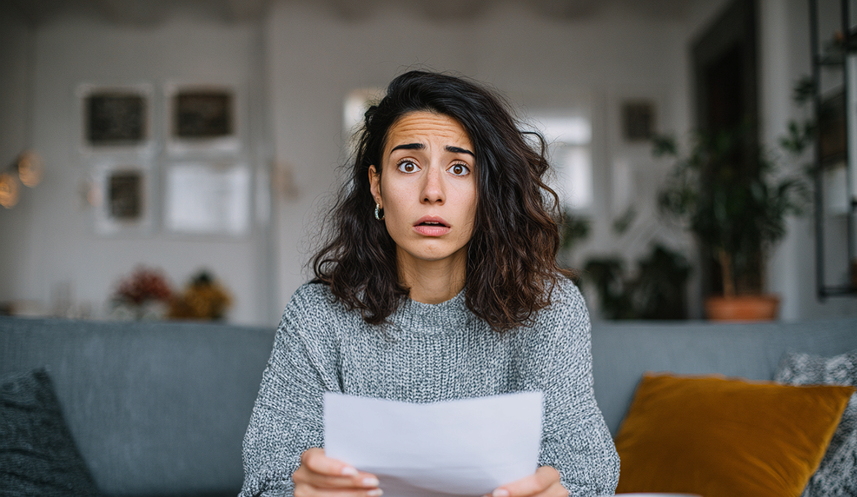 Una mujer sostiene un trozo de papel mientras mira con incredulidad | Fuente: Midjourney