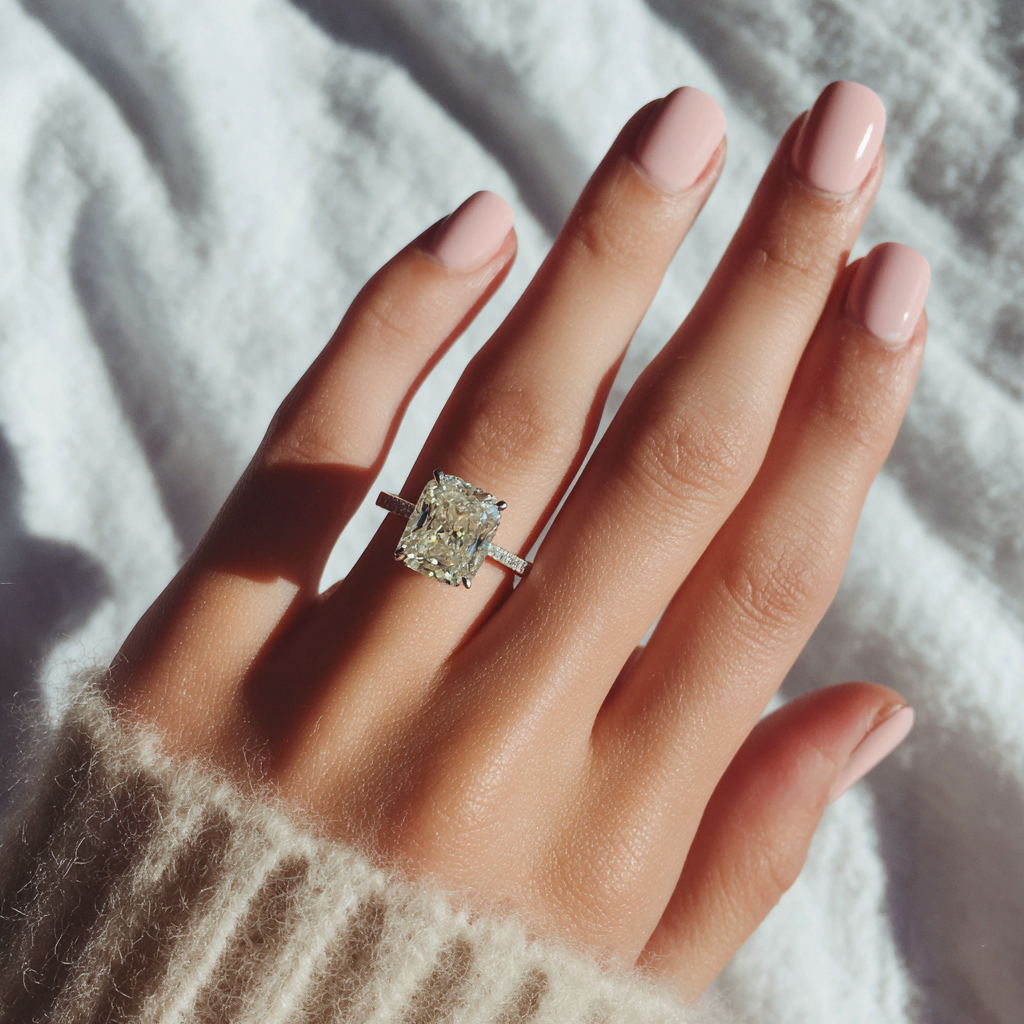 Una mujer mostrando su anillo de compromiso | Fuente: Midjourney