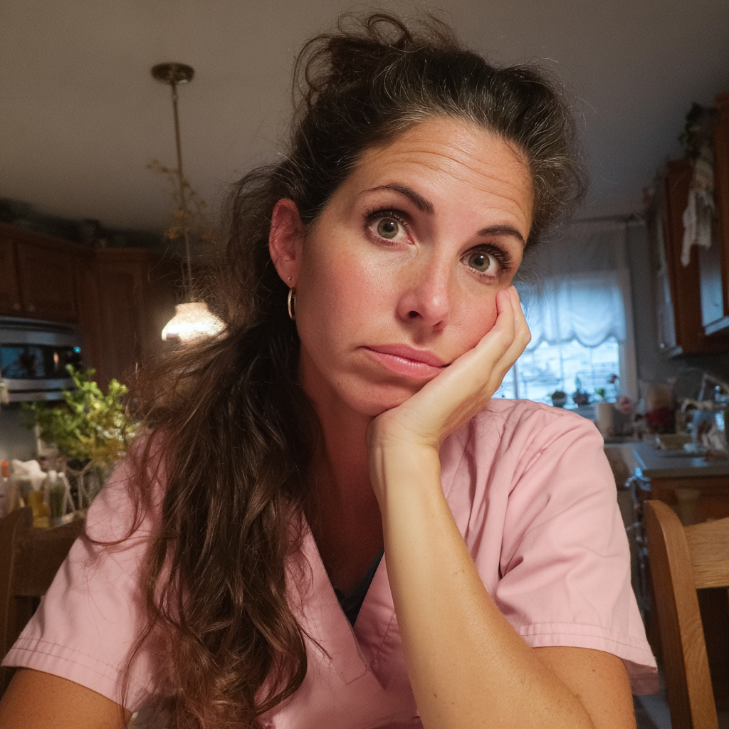 Una mujer exhausta con un uniforme rosa | Fuente: Midjourney