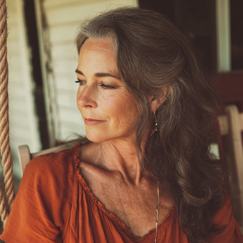 Una mujer sentada en el columpio de un porche | Fuente: Midjourney