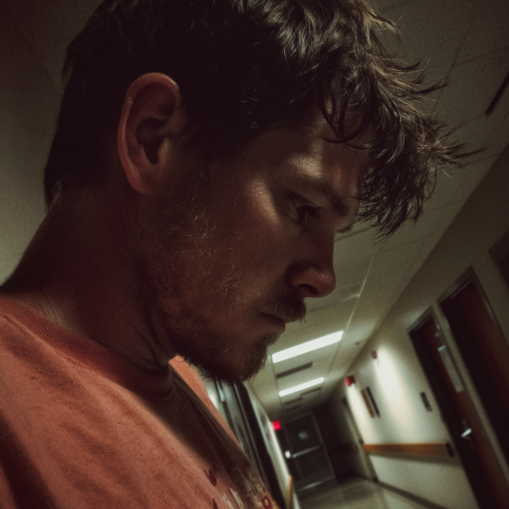 Un hombre preocupado en el pasillo de un hospital | Fuente: Midjourney