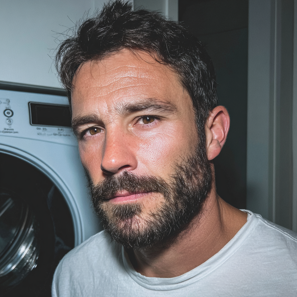 Un hombre cansado junto a una lavadora | Fuente: Midjourney