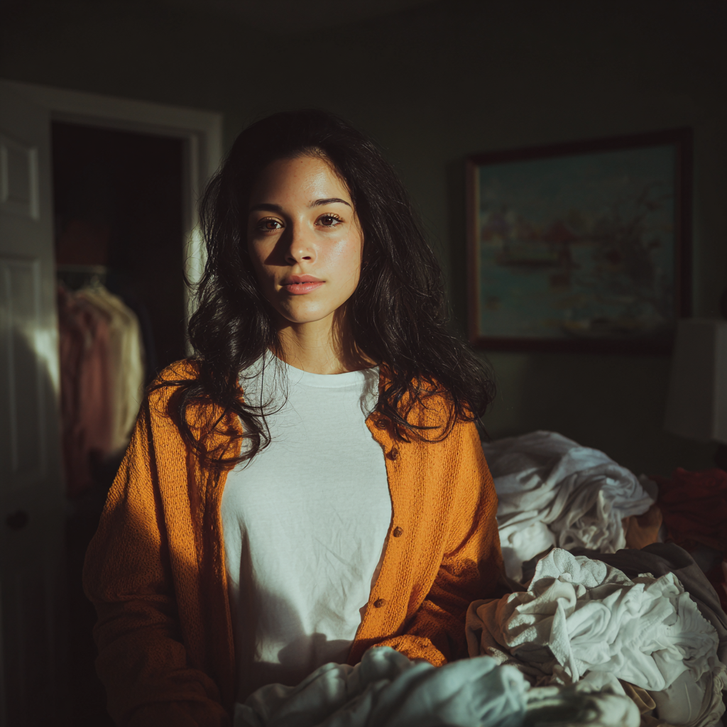 Una mujer doblando la ropa | Fuente: Midjourney