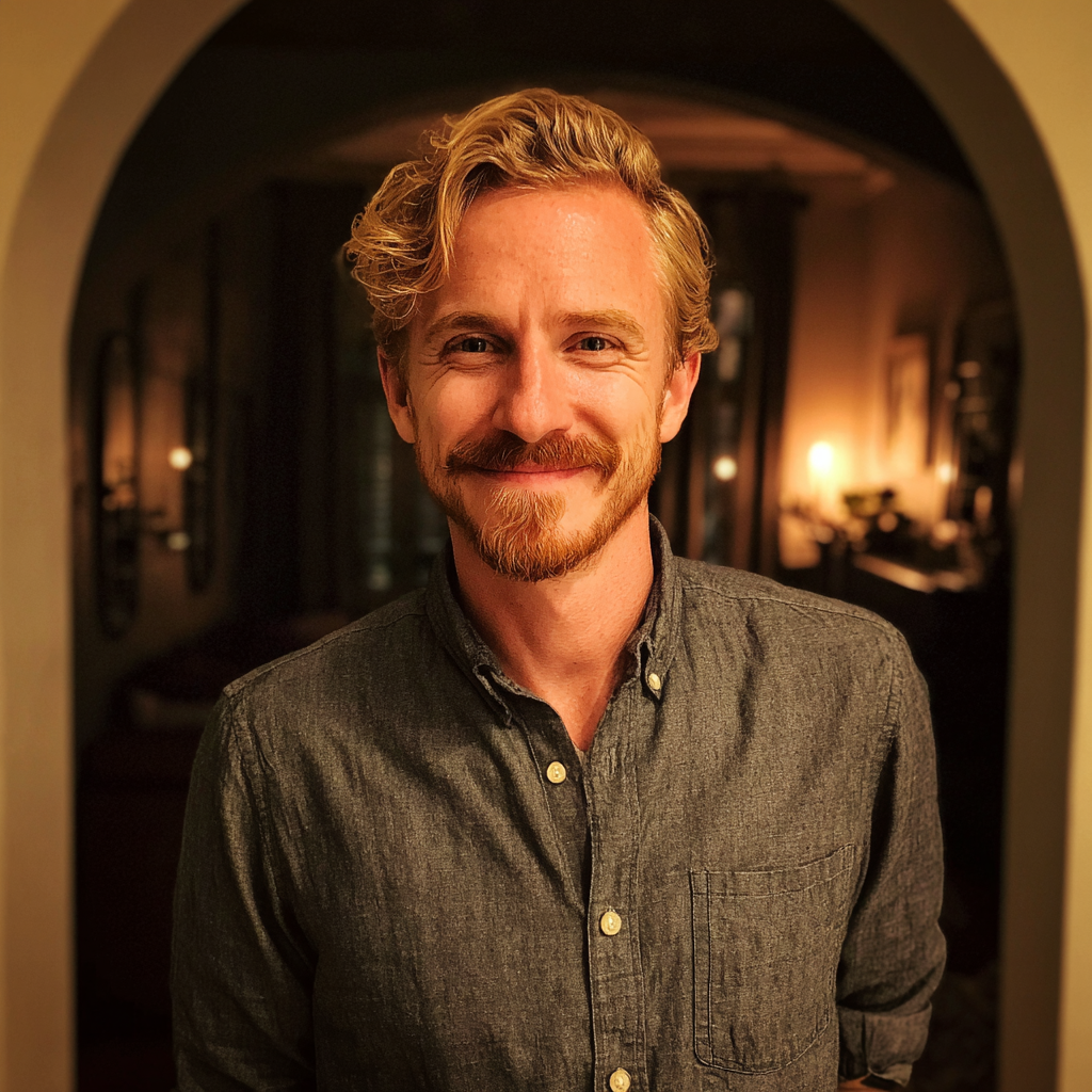 Un hombre feliz con una camisa formal gris | Fuente: Midjourney