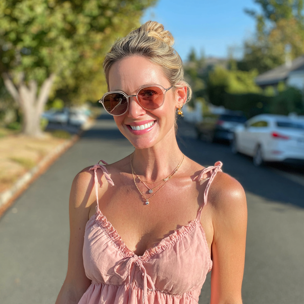 Una mujer sonriente con gafas de sol | Fuente: Midjourney