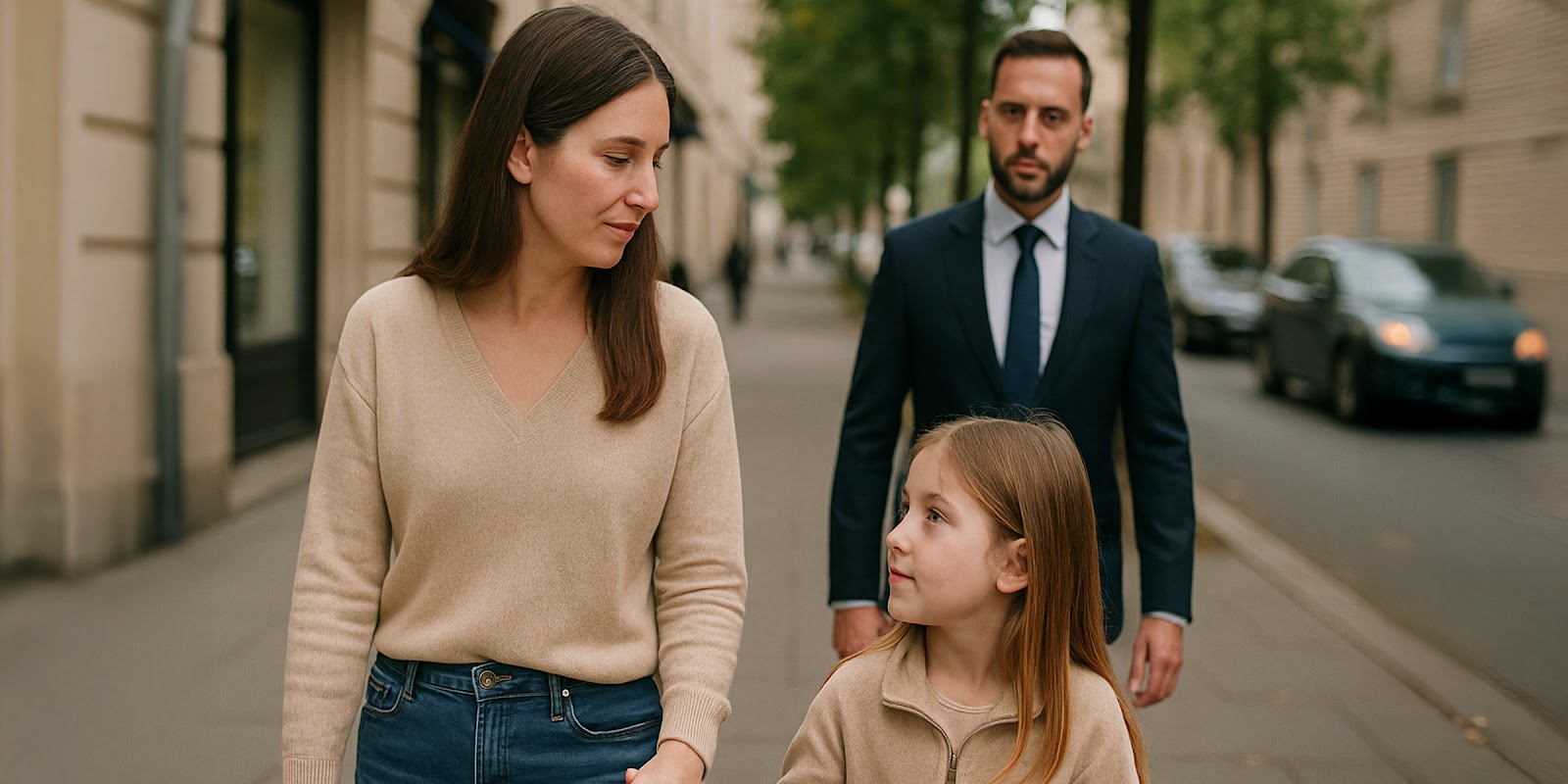 Mujer, niña y hombre caminando | Fuente: Midjourney