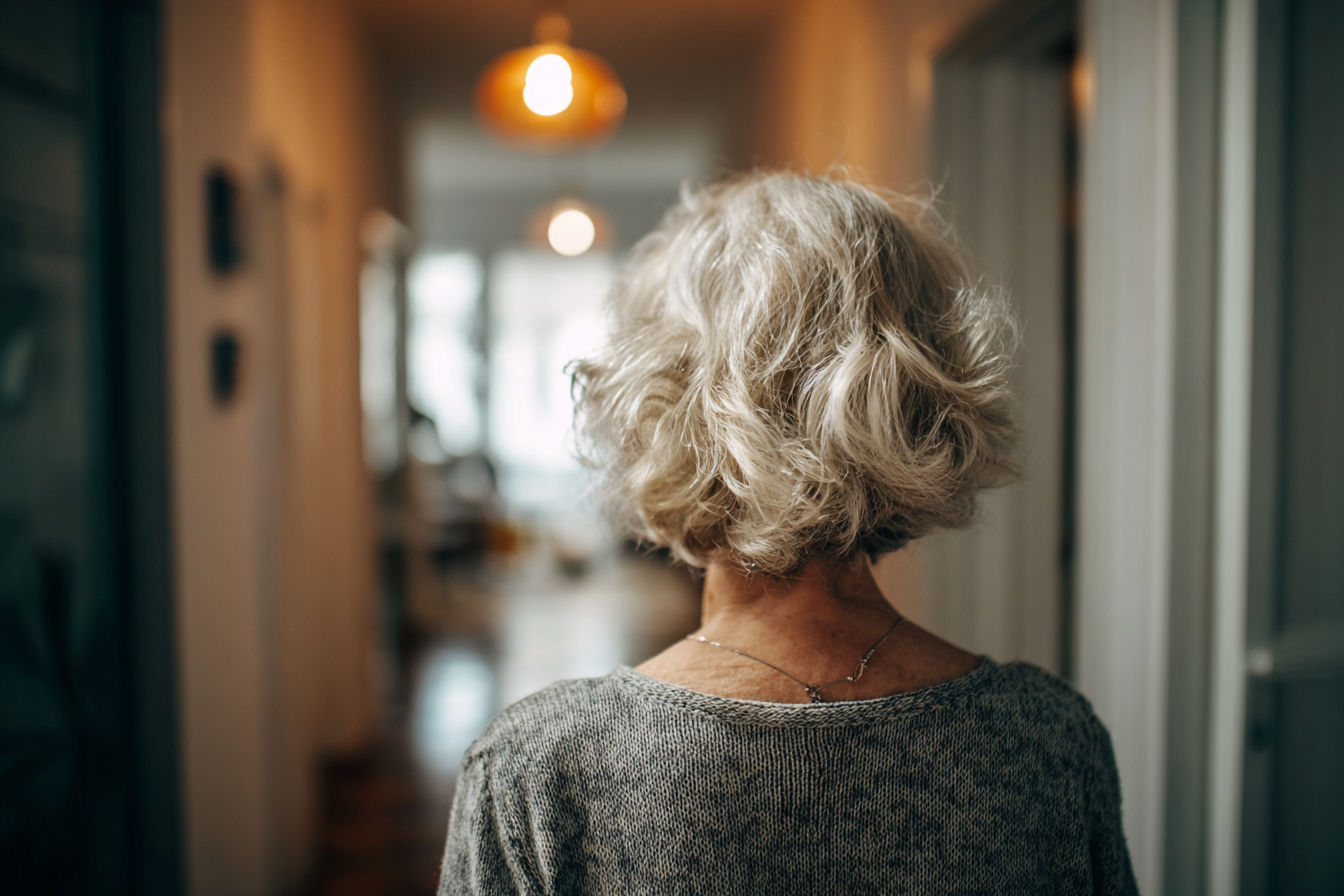Una mujer mayor de pie en su casa | Fuente: Midjourney