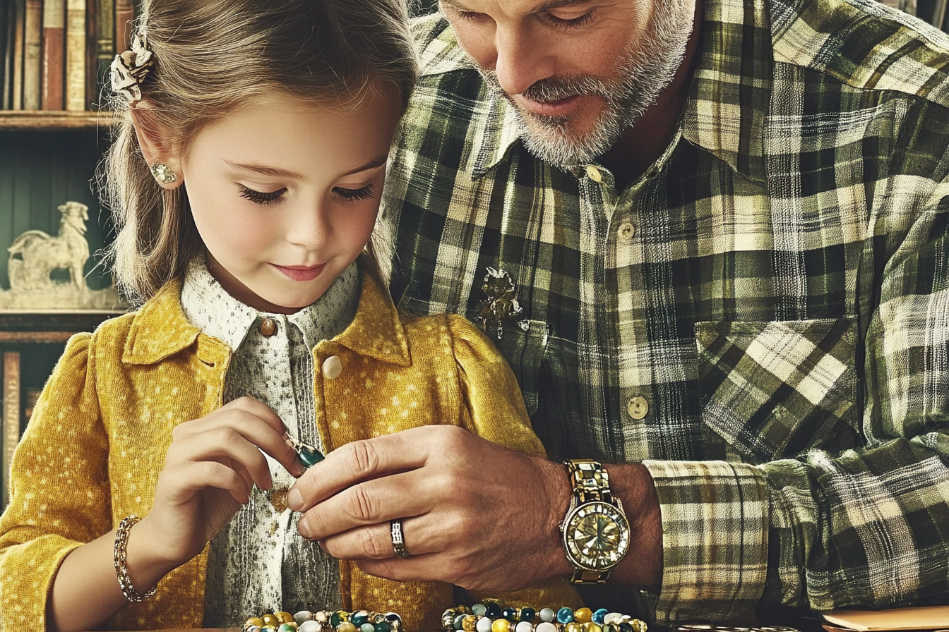 Una niña haciendo pulseras con su padre | Fuente: Midjourney