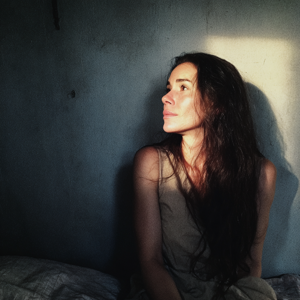 Una mujer emocionada sentada en una cama | Fuente: Midjourney