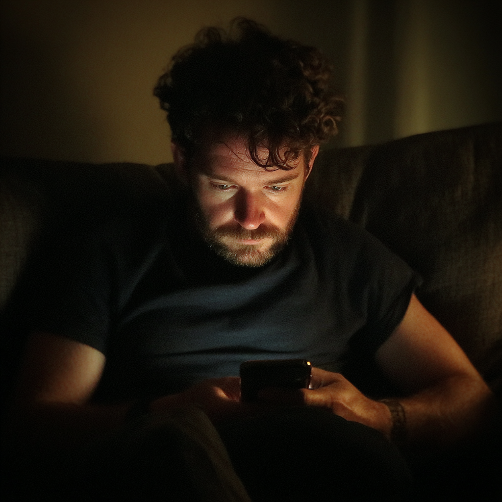 Un hombre sentado en un sofá y utilizando su teléfono | Fuente: Midjourney