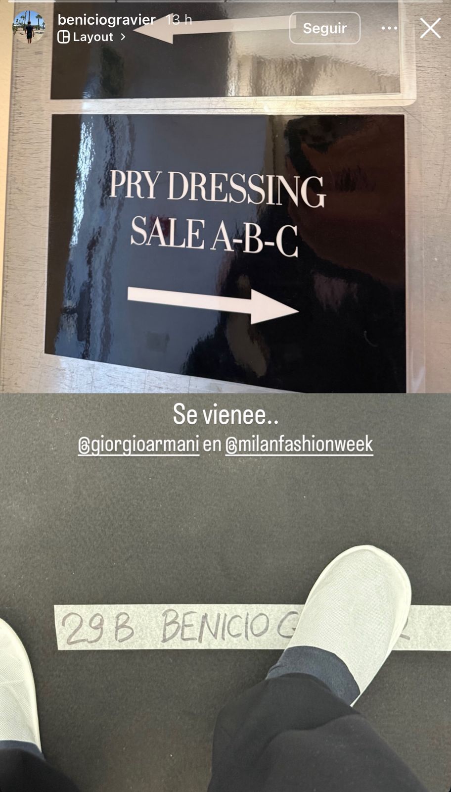 Imagen publicada por Benicio Gravier en la que se puede ver un cartel y más abajo una cinta con su nombre | Fuente: Instagram Stories/beniciogravier