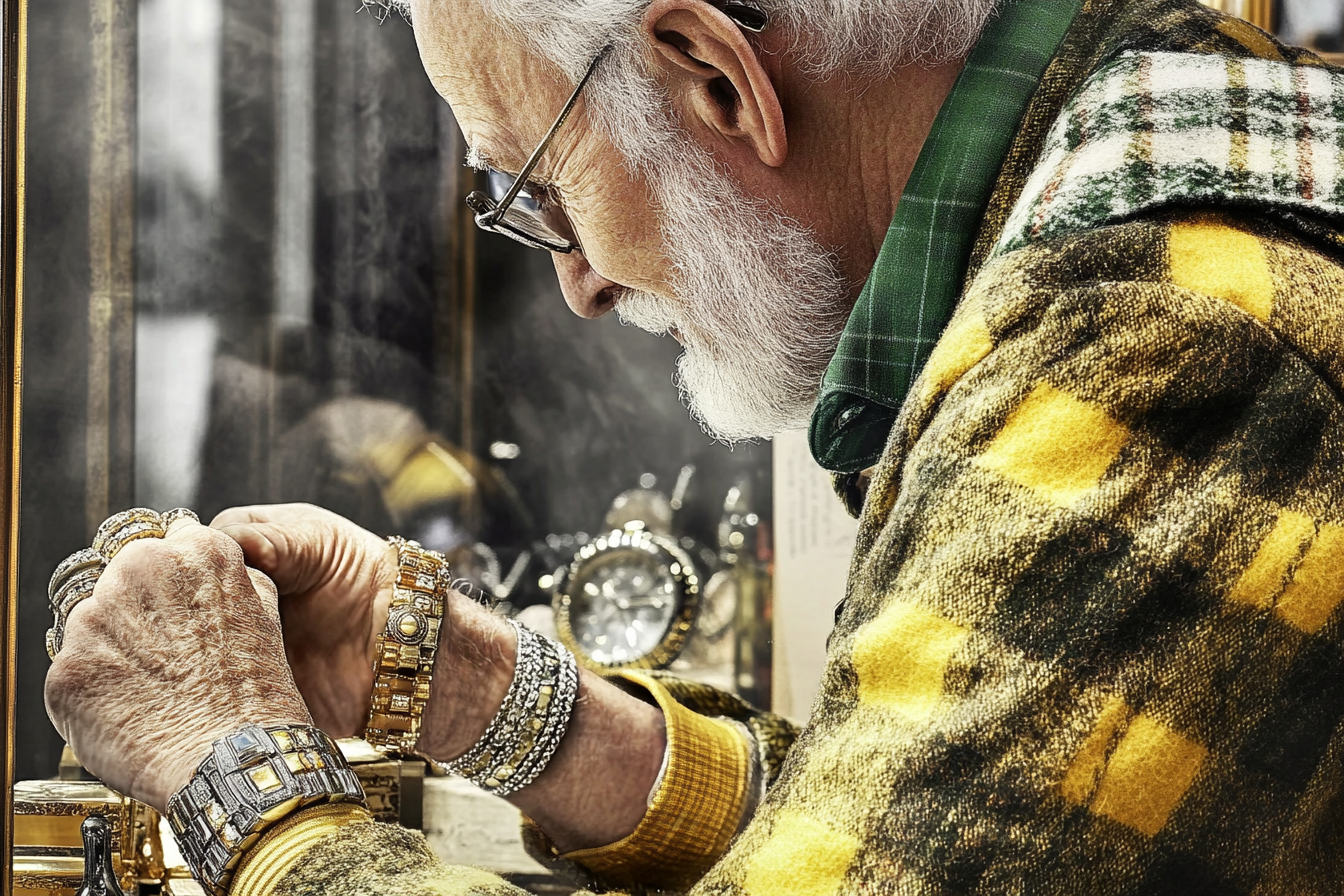 Un anciano mirando joyas | Fuente: Midjourney