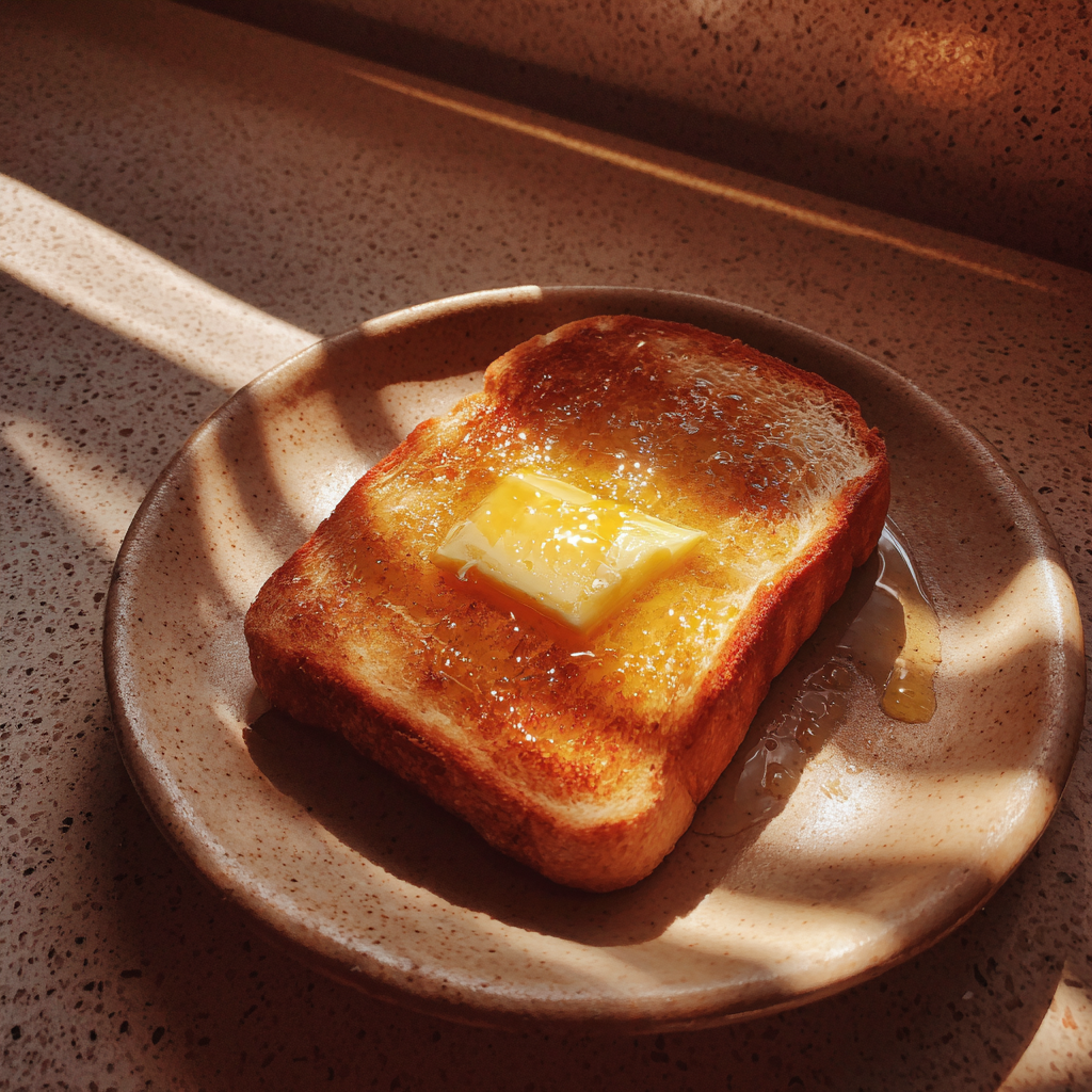 Una rebanada de pan tostado con mantequilla sobre un mostrador | Fuente: Midjourney
