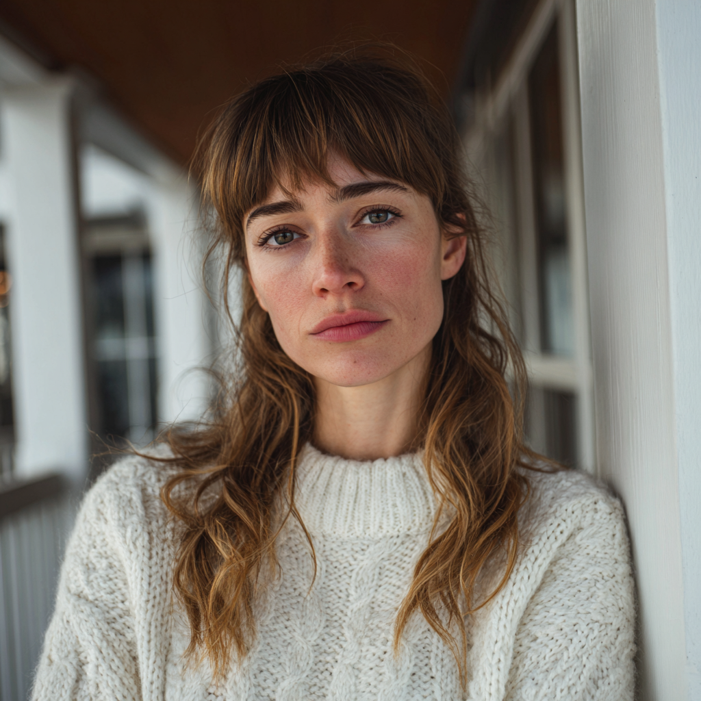 Una mujer pensativa en un porche | Fuente: Midjourney