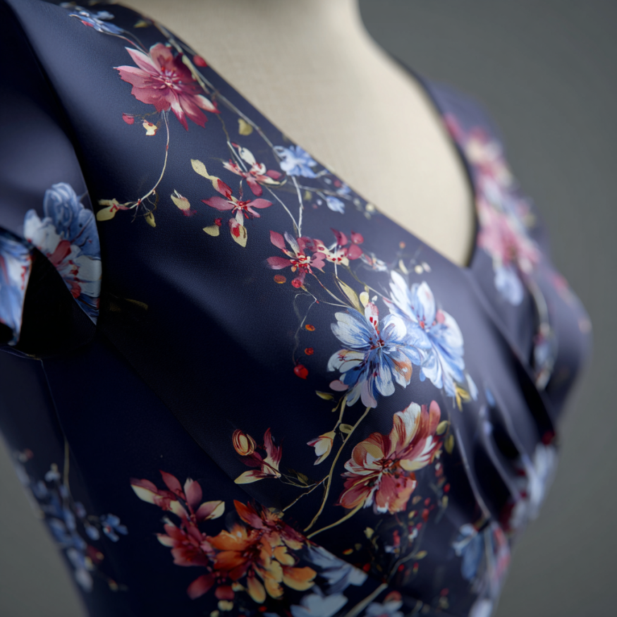 Un vestido azul marino con estampado floral | Fuente: Midjourney