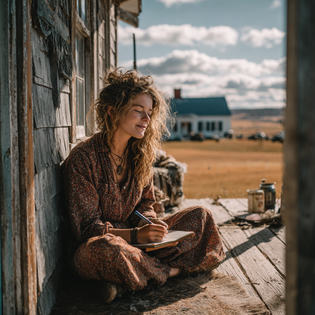 Una mujer feliz sentada y escribiendo | Fuente: Midjourney