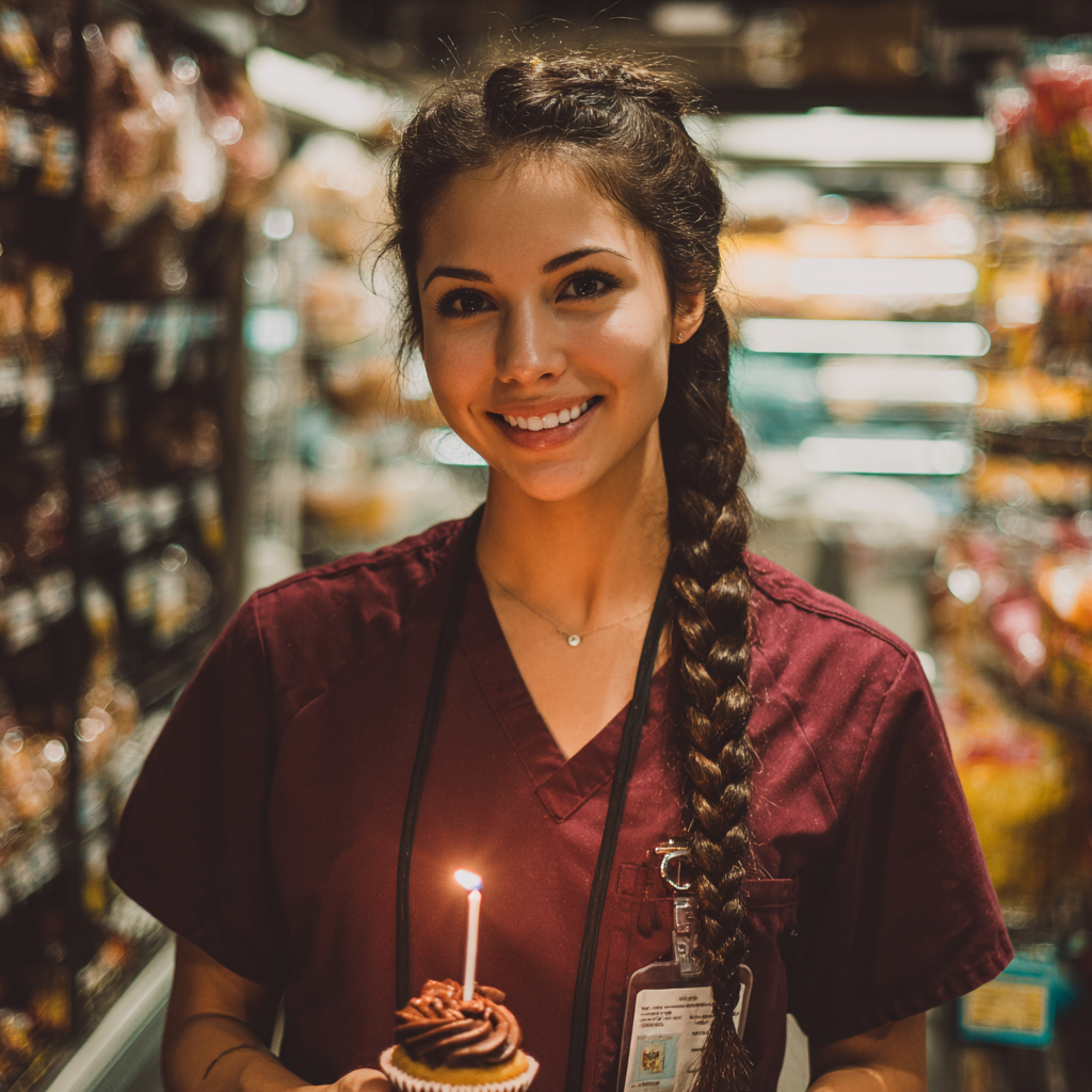 Una mujer sonriente con una magdalena en la mano | Fuente: Midjourney