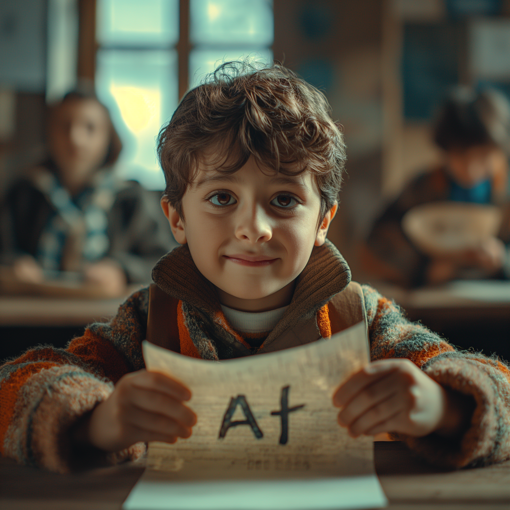 Un niño sujetando una hoja de papel con una A+ | Fuente: Midjourney
