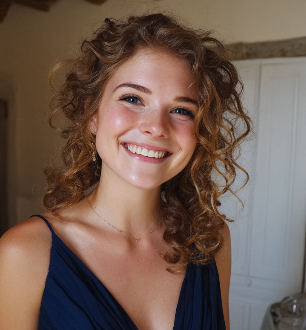 Una mujer sonriente con un vestido azul marino | Fuente: Midjourney