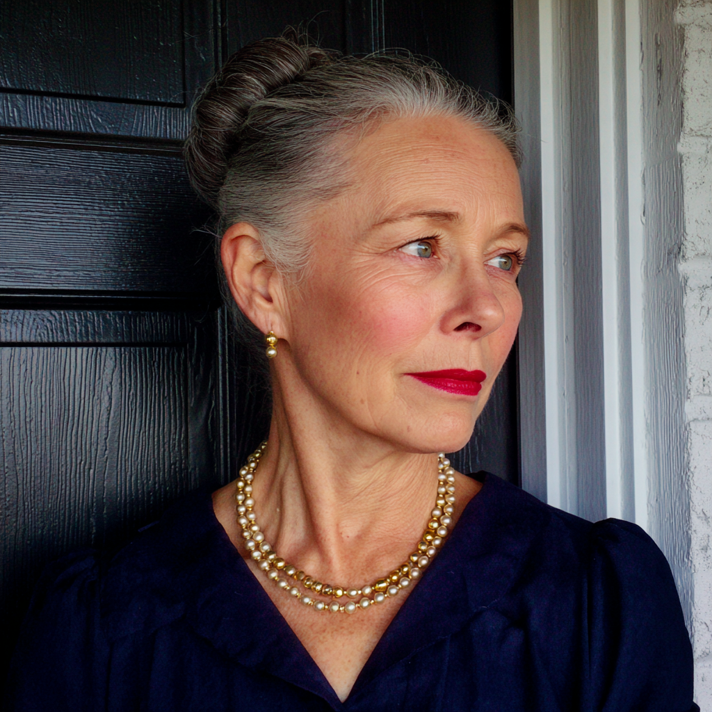 Una mujer mayor de pie junto a la puerta principal | Fuente: Midjourney