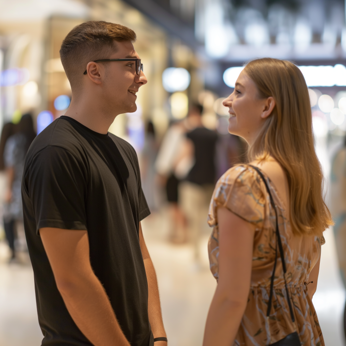 Un camarero de restaurante habla con una mujer en un centro comercial | Fuente: Midjourney