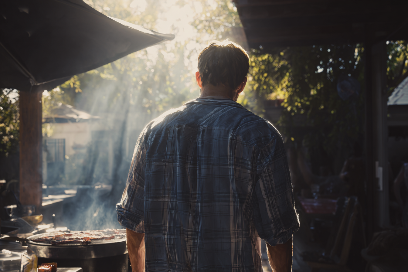 Un hombre de pie en un patio trasero | Fuente: Midjourney
